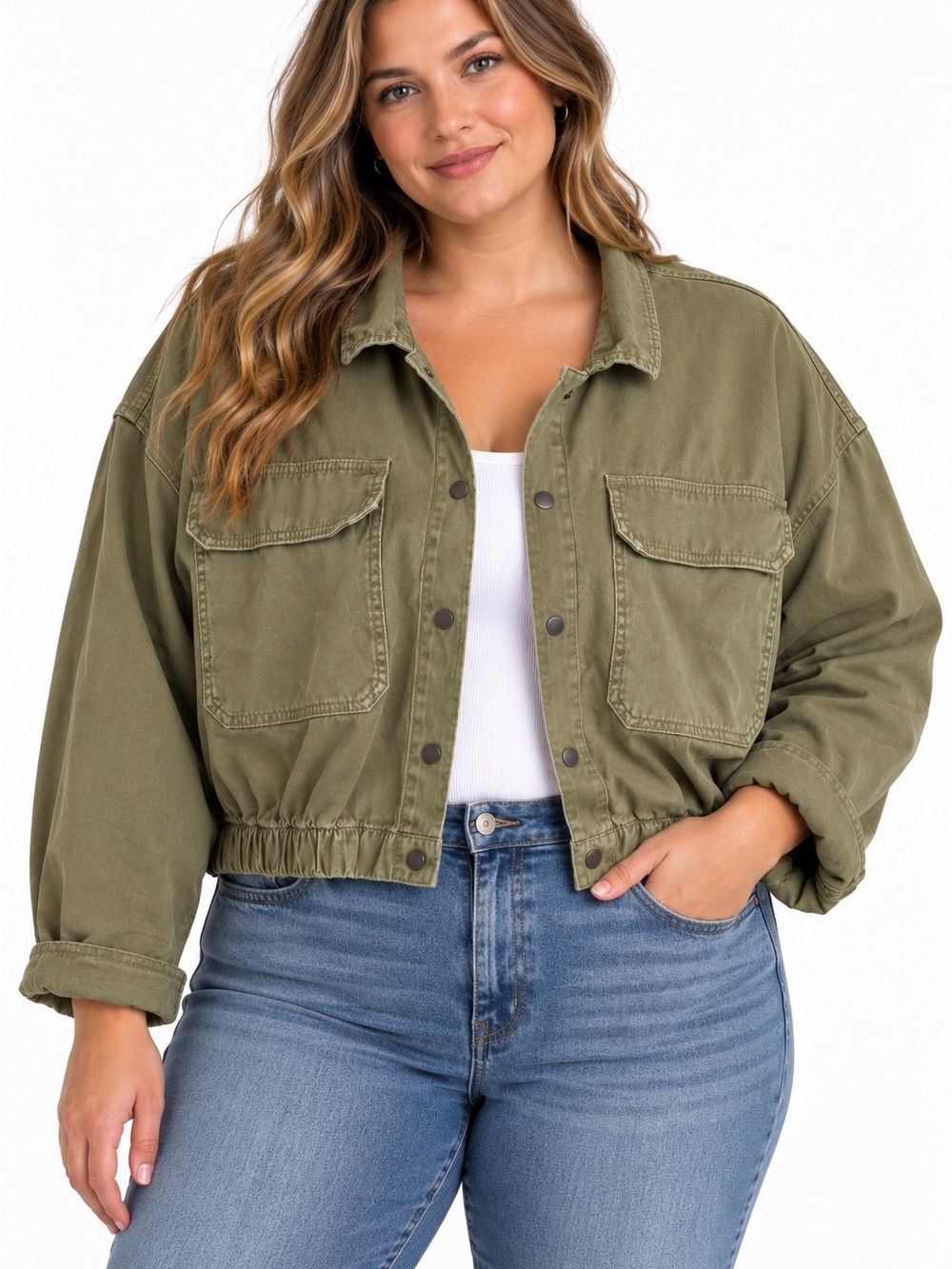 Torrid Women’s 3X Olive Green Cropped Utility Jacket Snap Front Military Shacket
